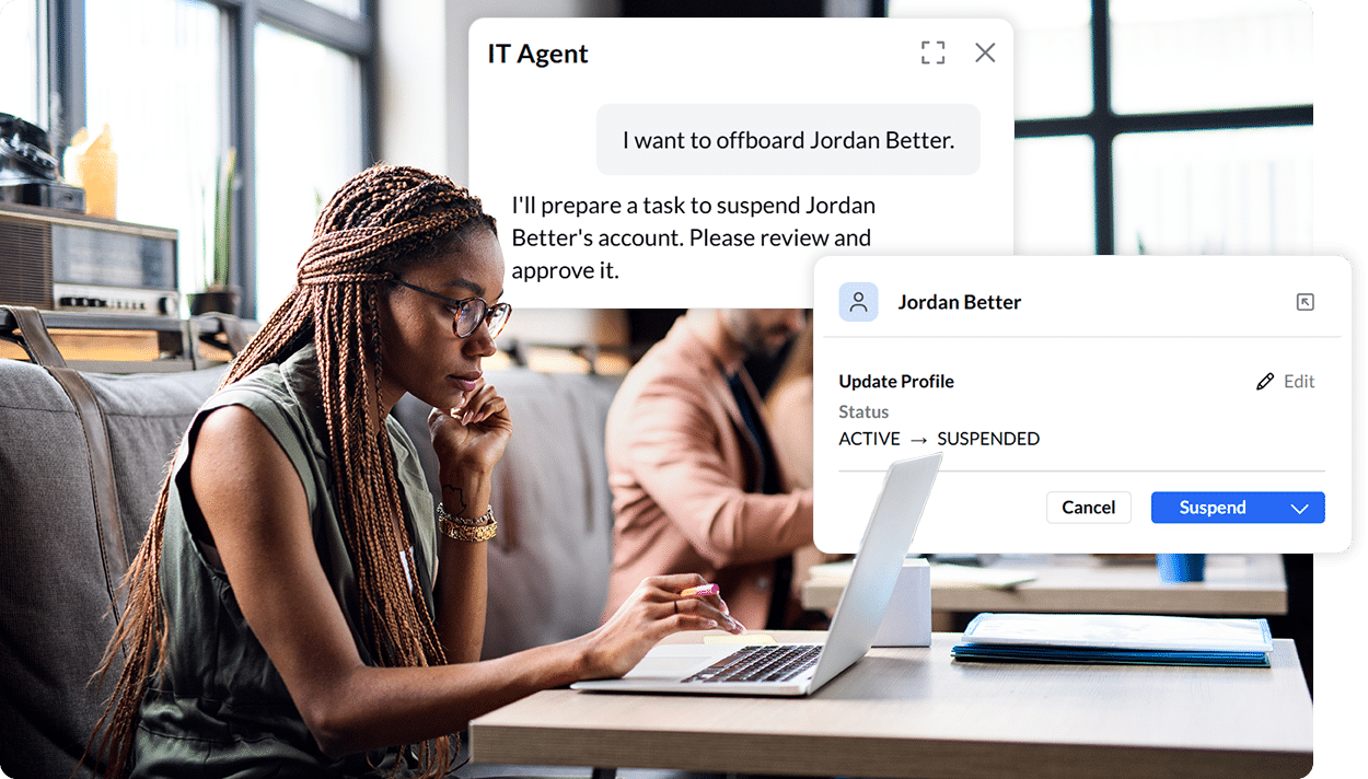 BetterCloud promotional illustration showing its IT Agent proposing an account suspension