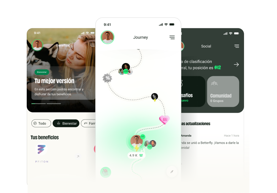 Betterfly marketing illustration showing app benefits, a progress journey and team challenges