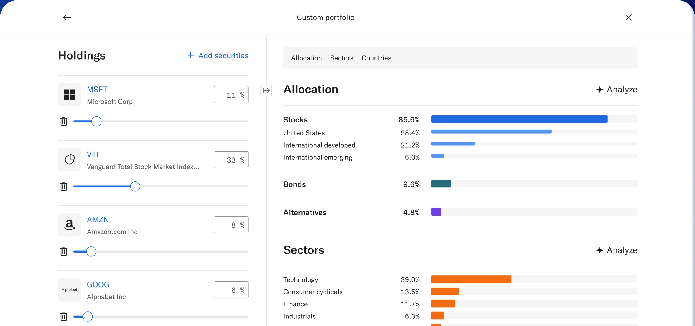 Betterment Custom portfolio builder showing stock weights and allocation analysis