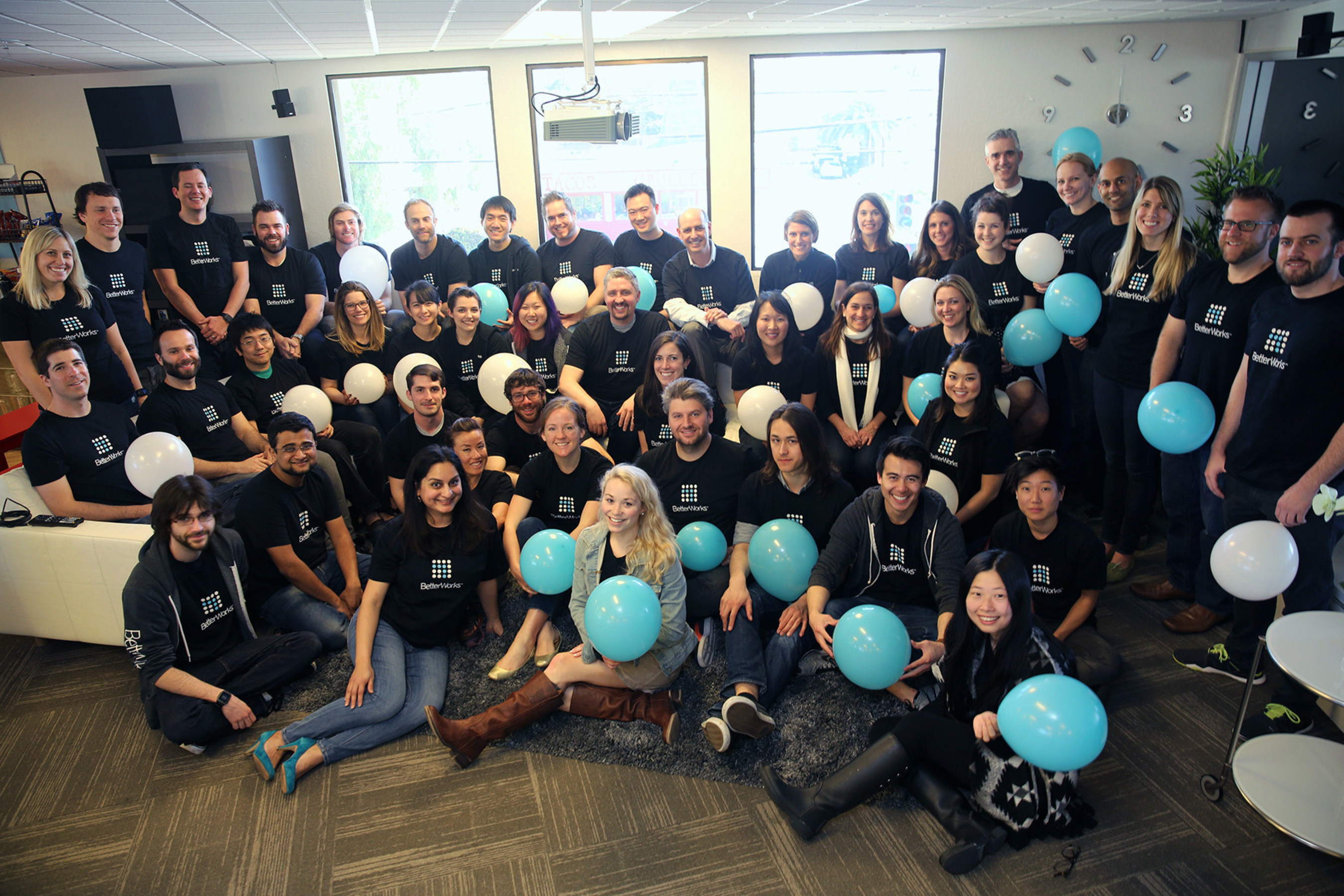 Betterworks employees posing together in their office in 2016