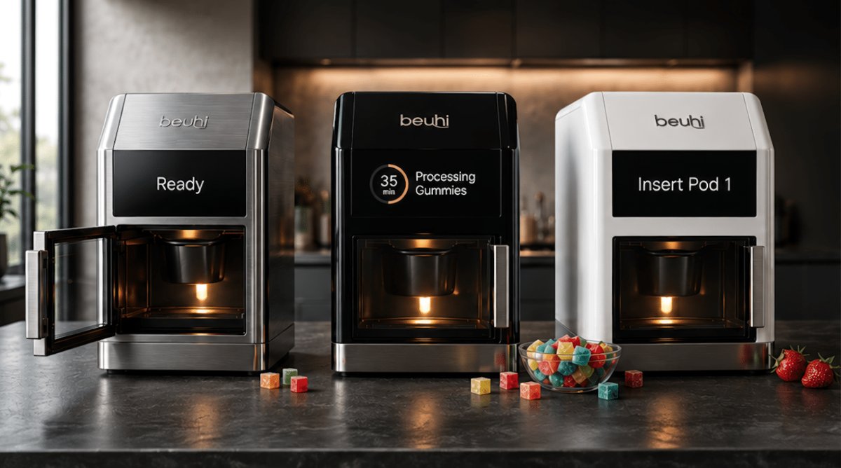 Three Beuhi appliances in steel, black and white finishes on a kitchen counter