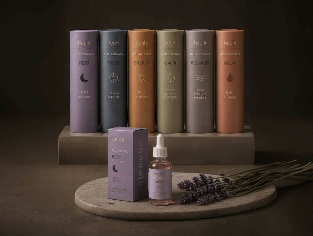 Beuhi Beutanicals infusion drops line in six colors with a lavender Rest bottle