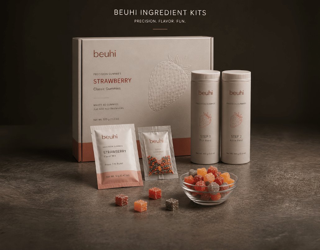 Beuhi Precision Gummies strawberry ingredient kit with pods, sachets and a bowl of gummies