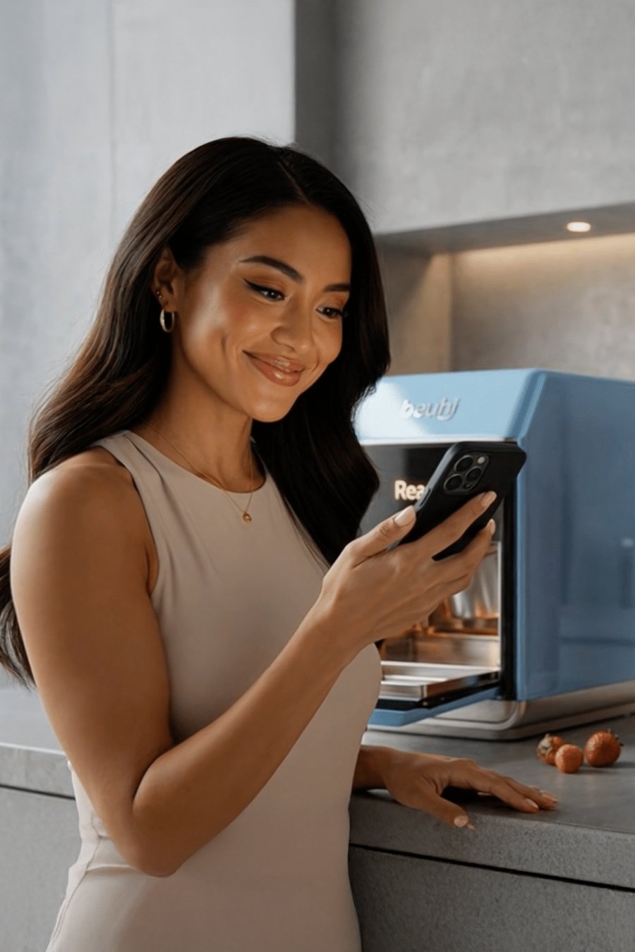 A woman using the Beuhi app on her phone next to the appliance in a modern kitchen