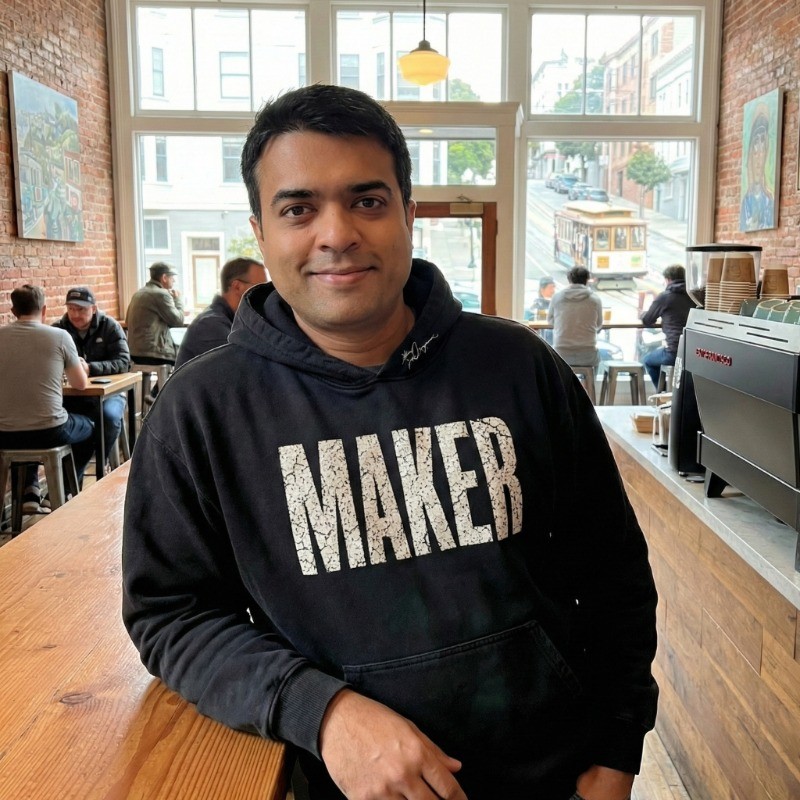 Bhanu Sharma seated at a café table wearing a Maker sweatshirt