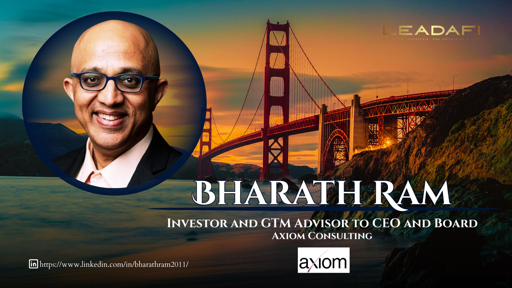 Bharath Ram in an editorial graphic set against San Francisco's Golden Gate Bridge