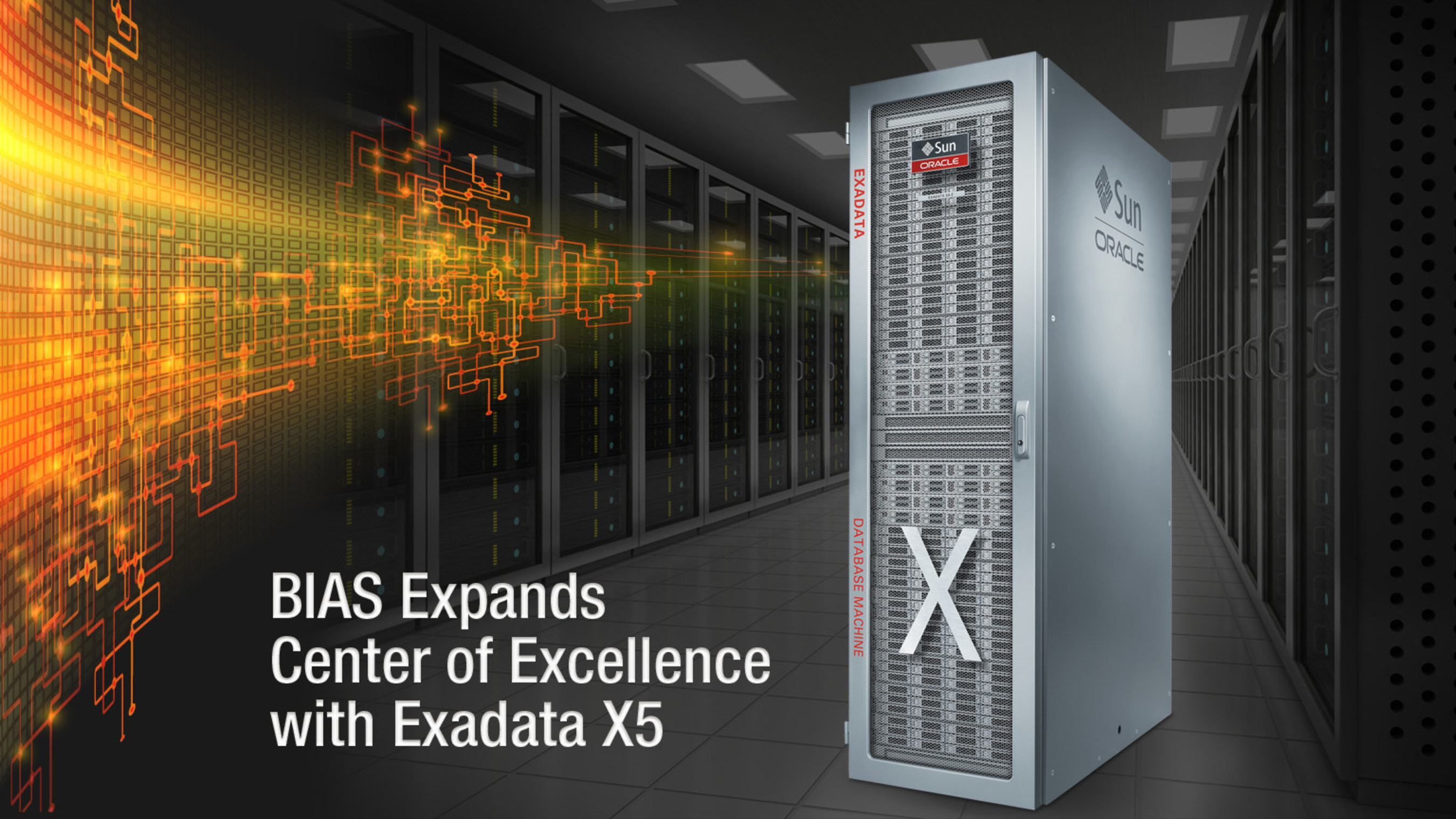 BIAS promotional artwork showing an Oracle Exadata machine for its Center of Excellence expansion