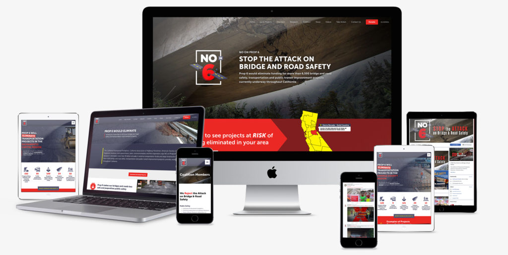 Screens from the No on Proposition 6 digital campaign showing local road and bridge safety messages