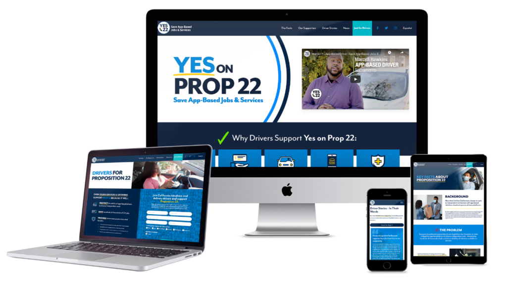 Proposition 22 digital campaign results graphic with social and website metrics