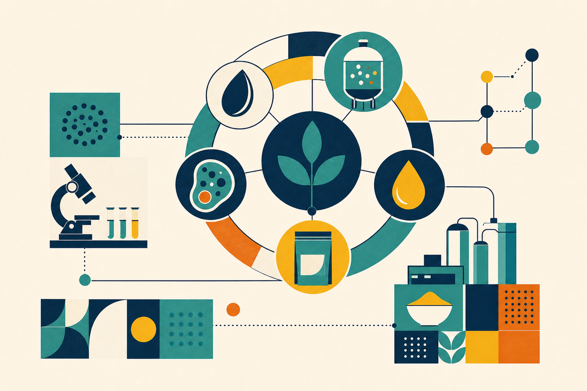 Abstract Swiss-style illustration connecting a plant, cell, fermentation tank, ingredient droplet, laboratory and factory