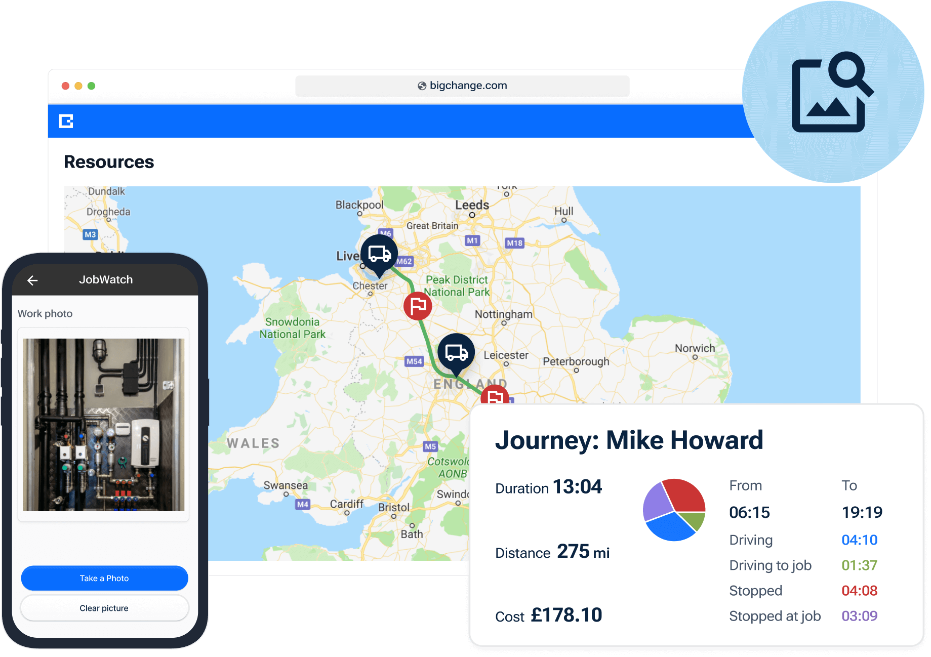 BigChange proof-of-service interface showing a mobile photo workflow and a mapped vehicle journey