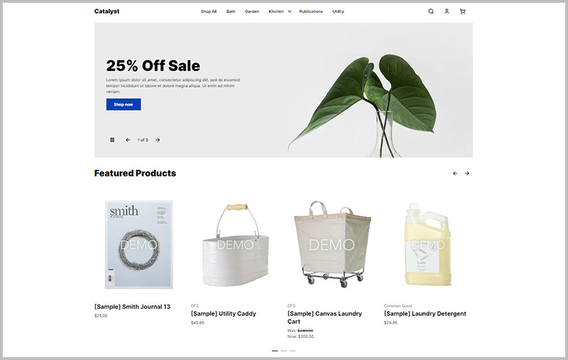 BigCommerce Catalyst demonstration storefront showing products and a promotional banner