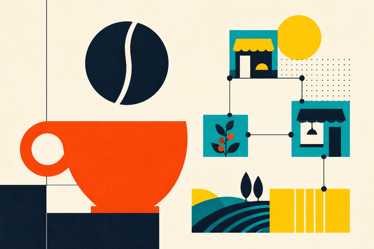 Abstract Swiss-style illustration connecting a coffee cup, cafes and farm fields