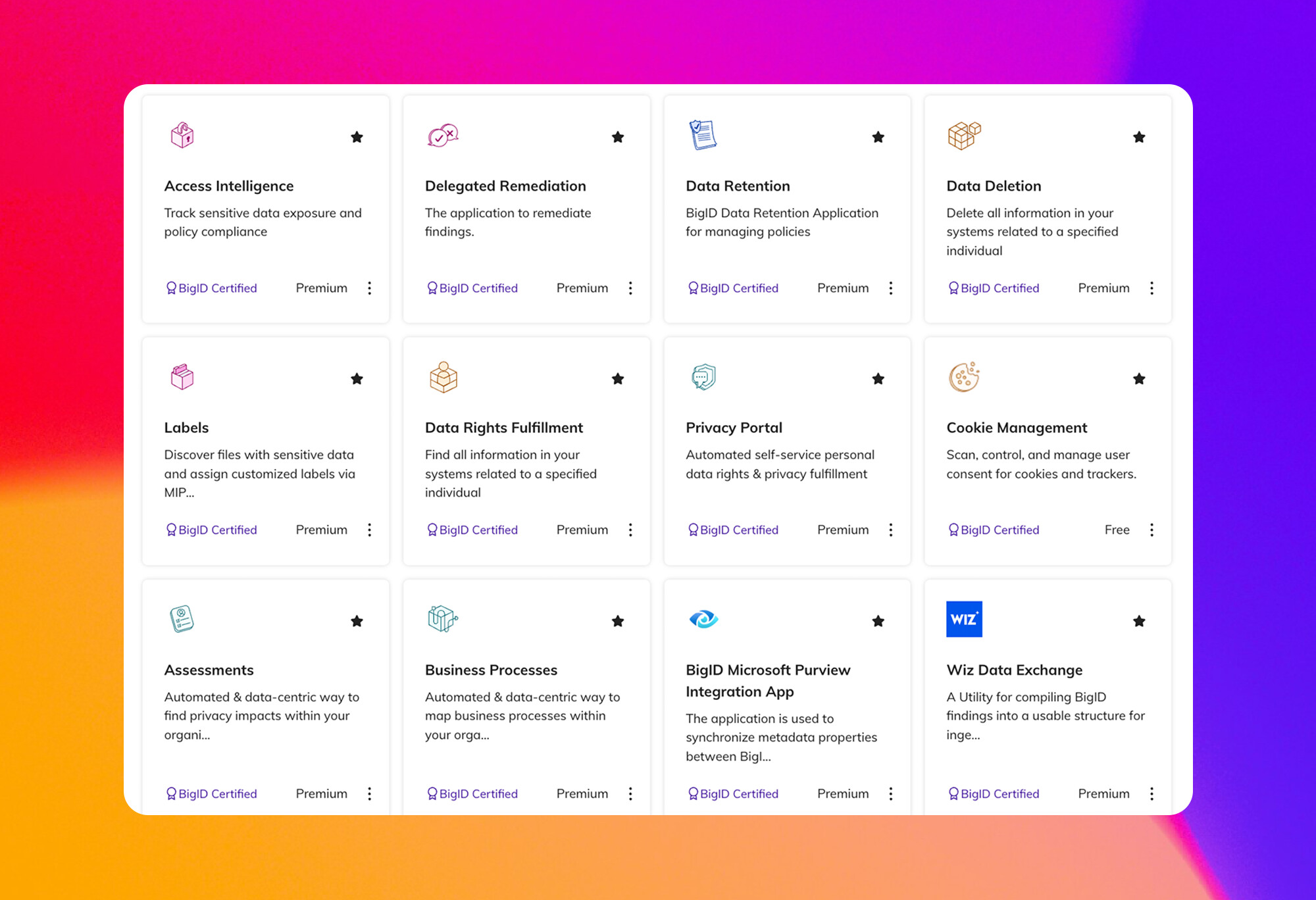 BigID application marketplace showing modules for access intelligence, remediation, retention, deletion, privacy and integrations