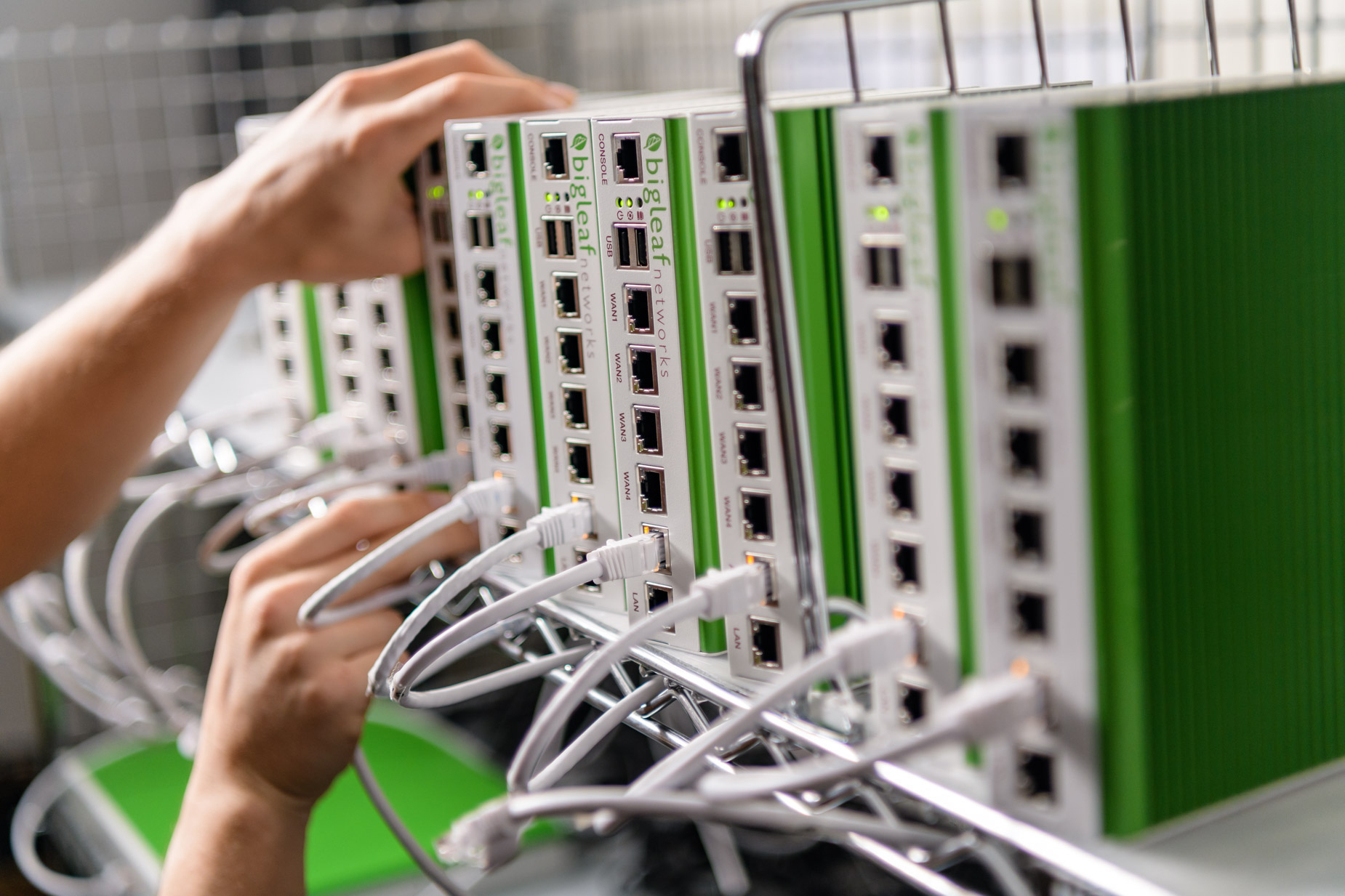 Hands connecting network cables to a rack-mounted Bigleaf appliance