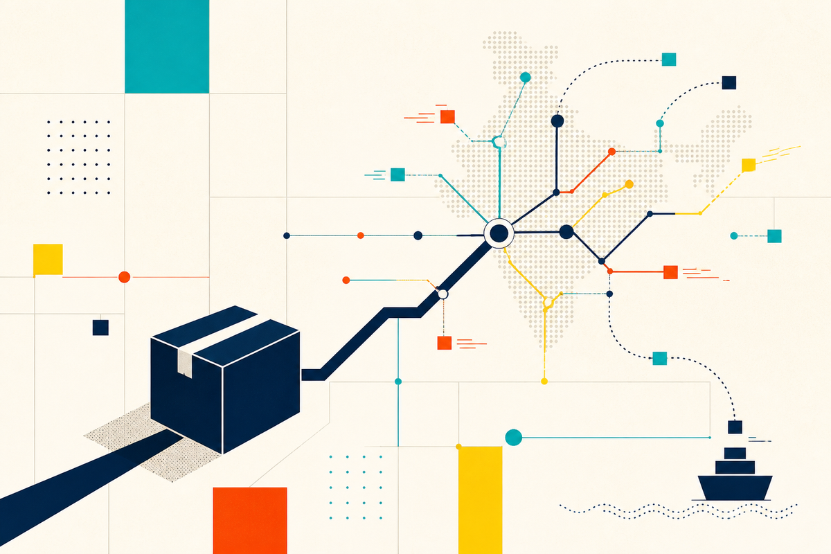 Abstract Swiss-style illustration of a parcel entering a branching global delivery network