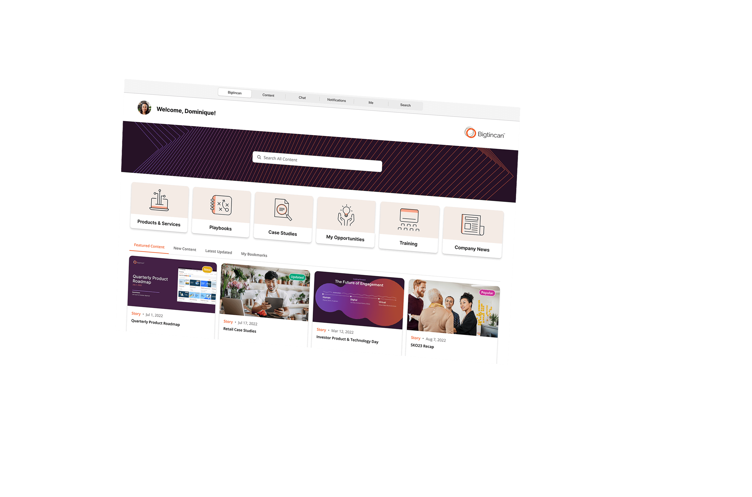 Bigtincan Hub interface showing search, product information, playbooks, case studies and training