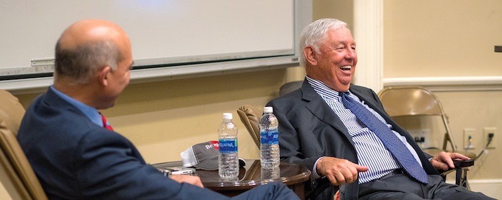 Bill Dillard II, right, laughing during a classroom conversation with Matt Waller