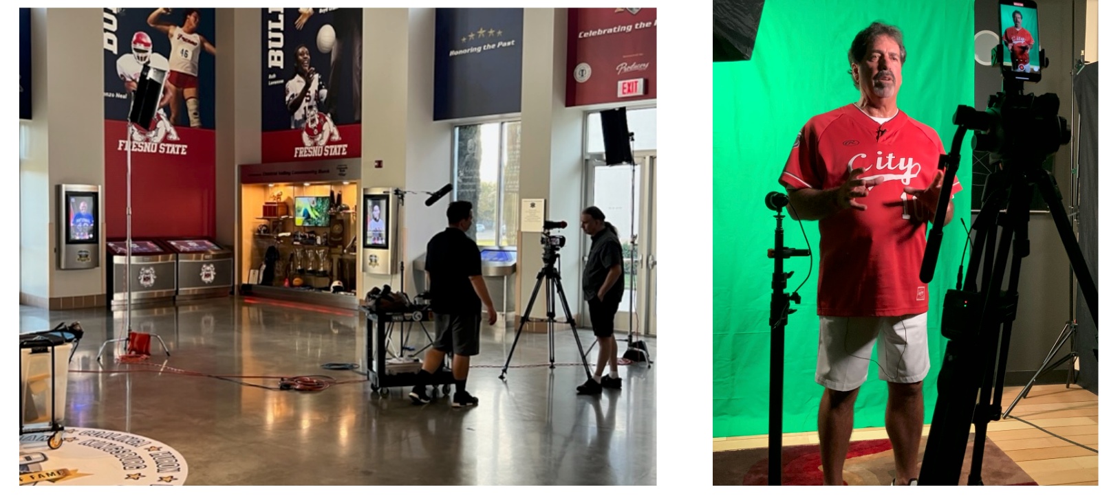 A camera crew and an athlete interview during production for the Hall of Fame