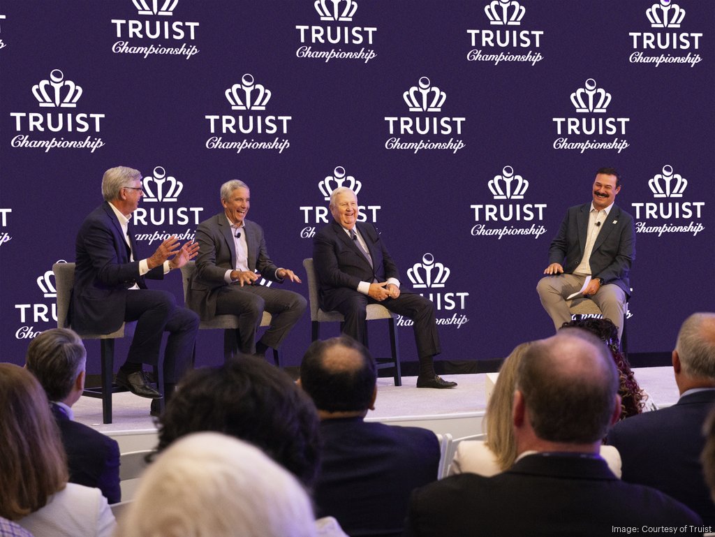 Bill Rogers, far left, speaking with Jay Monahan, Johnny Harris and Johnson Wagner at the Truist Championship sponsorship announcement