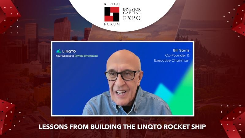 Bill Sarris speaking in a Keiretsu Forum Investor Capital Expo promotional image from 2024