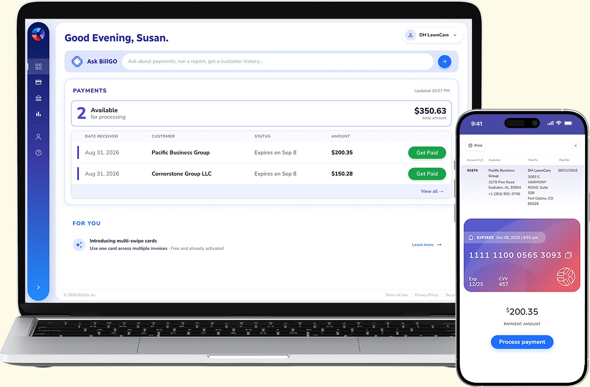 BillGO Exchange dashboard and mobile interface shown on desktop and phone