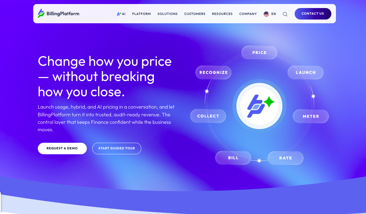 BillingPlatform website showing a cycle from pricing and launch through metering, rating, billing, collections and revenue recognition