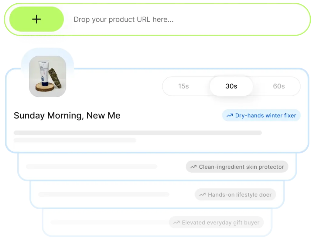 Billo interface accepting a product URL and generating several creative brief concepts