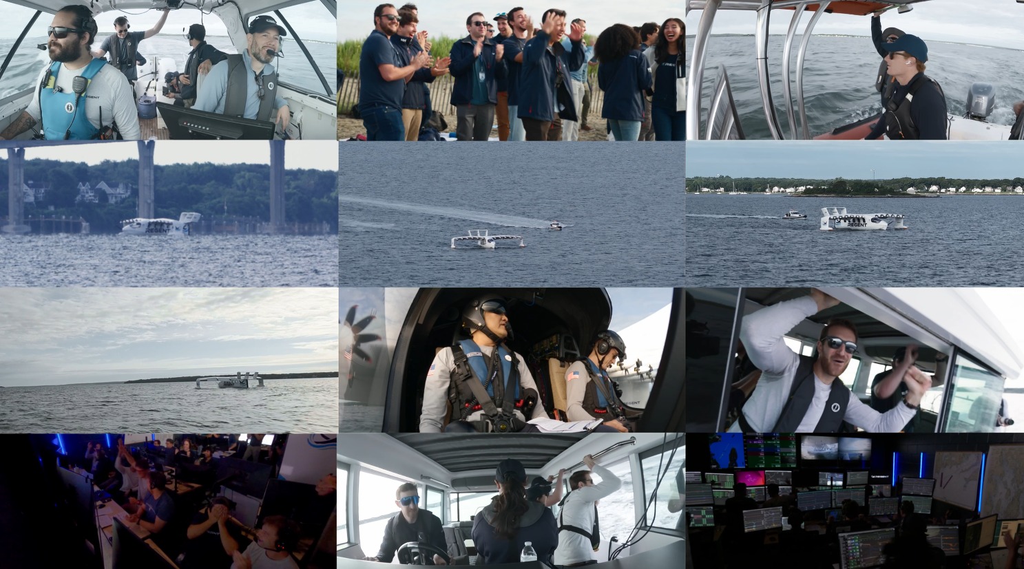 A contact sheet from the Viceroy seaglider's first-flight campaign, showing test crews, the craft over Narragansett Bay, pilots and Billy Thalheimer celebrating