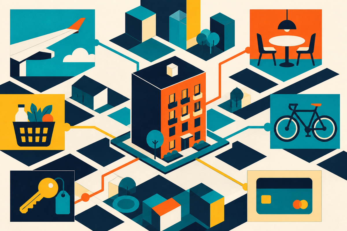 Abstract Swiss-style city grid linking a home with travel, dining, shopping, transport and payments