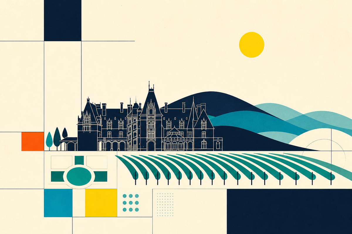 Geometric Swiss-style illustration of a château, Blue Ridge mountains, formal gardens and vineyard rows