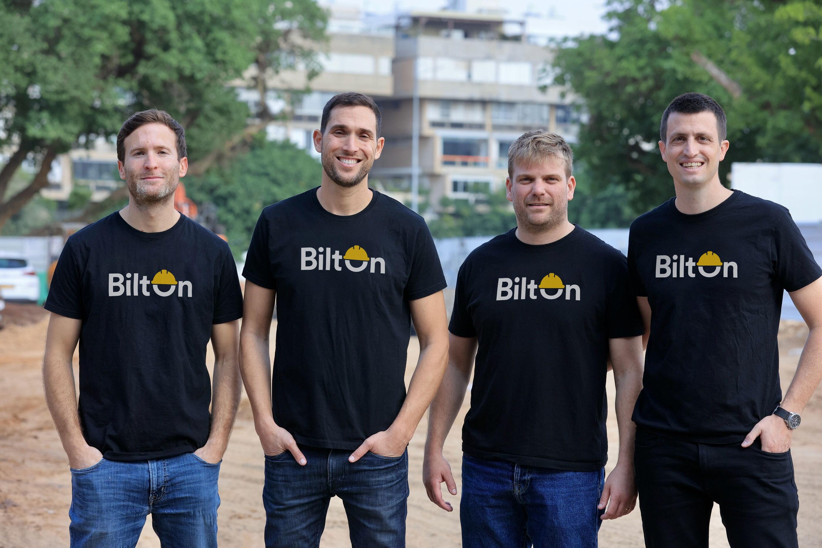 BiltOn founders Dekel Schwarzmann, Asaf Guter, Shir Mautner and Omer Slavin standing at a construction site