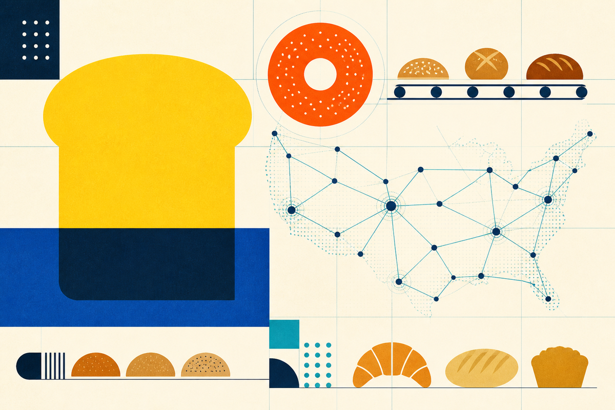 Abstract Swiss-style illustration of bread shapes, bakery conveyors and a U.S. distribution network