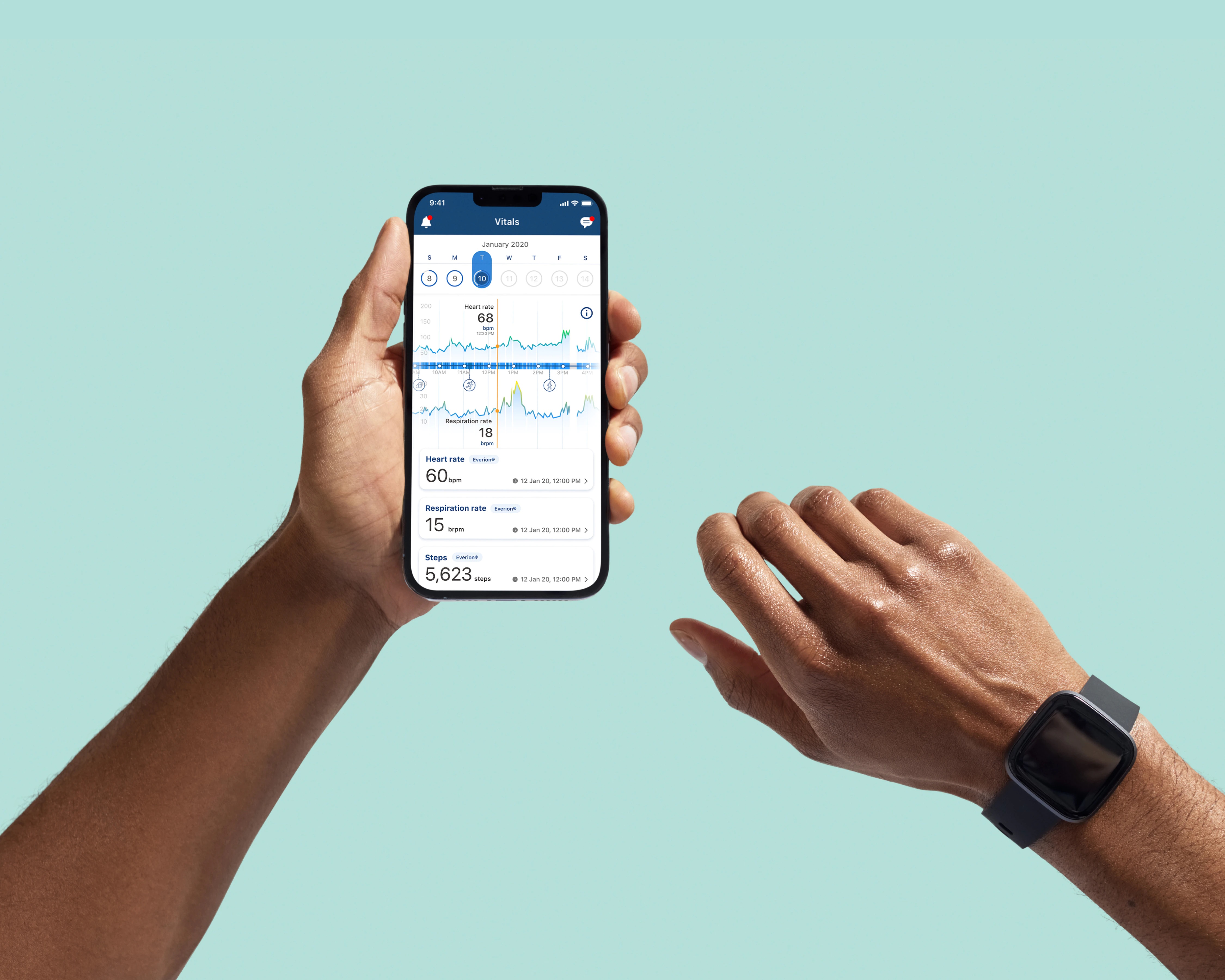 A hand holds a phone displaying the Biofourmis patient application