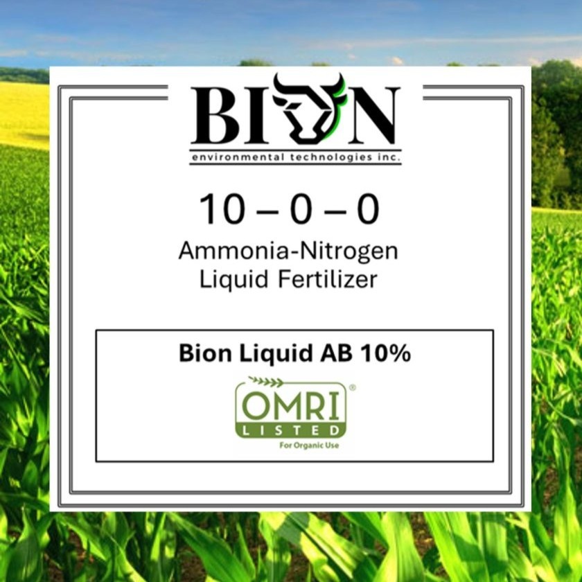 Bion Liquid AB 10 percent product artwork showing a 10-0-0 fertilizer label and OMRI Listed mark