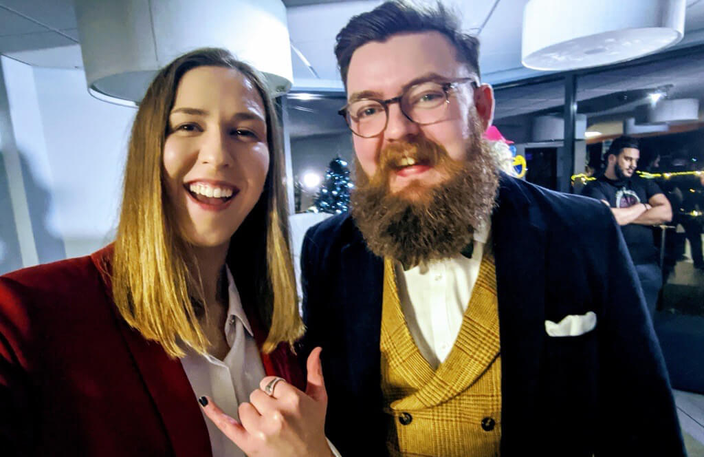 Two people smiling in a photograph from Bionical’s company culture gallery