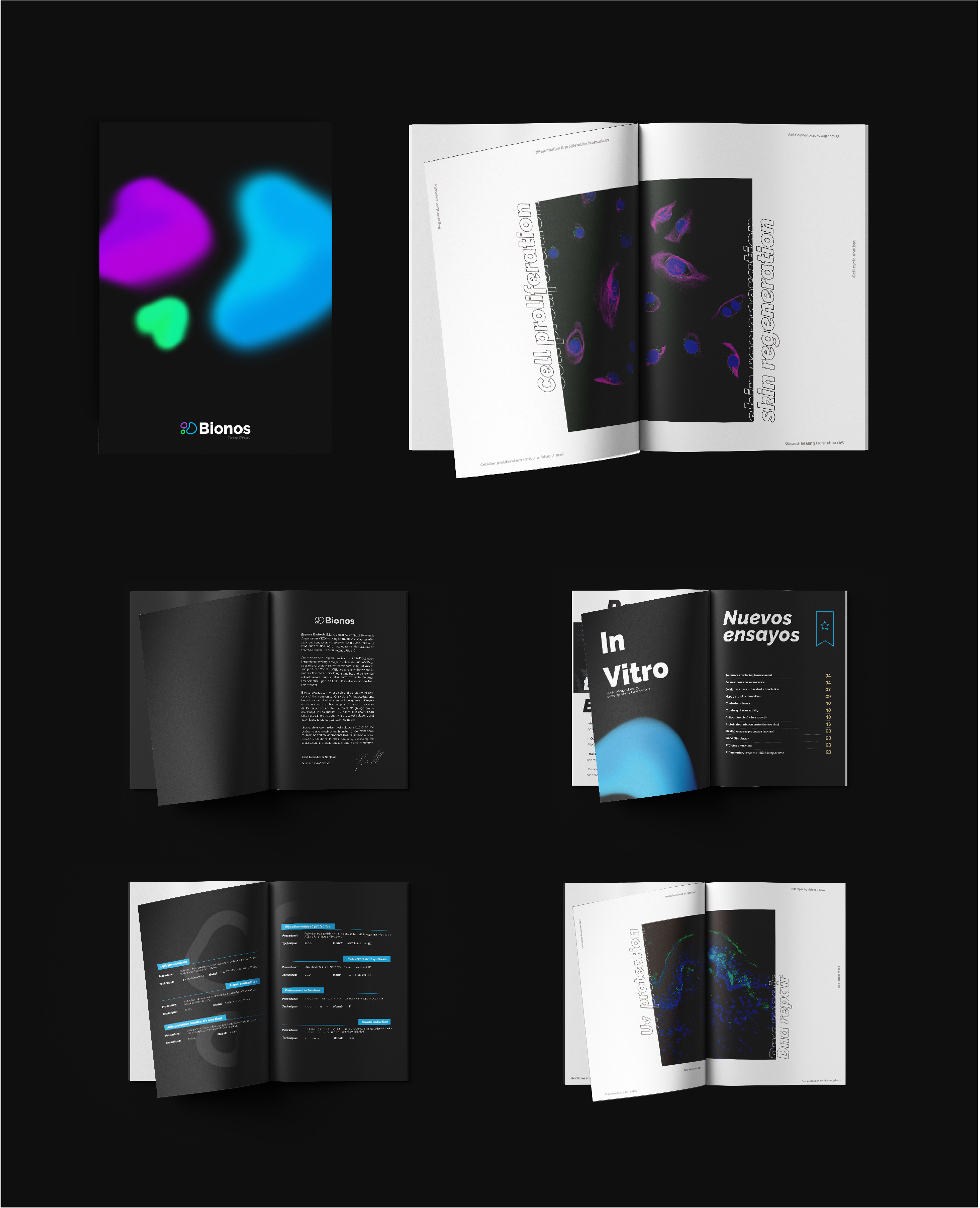 Bionos report and microscopy identity concept showing scientific imagery inside editorial documents