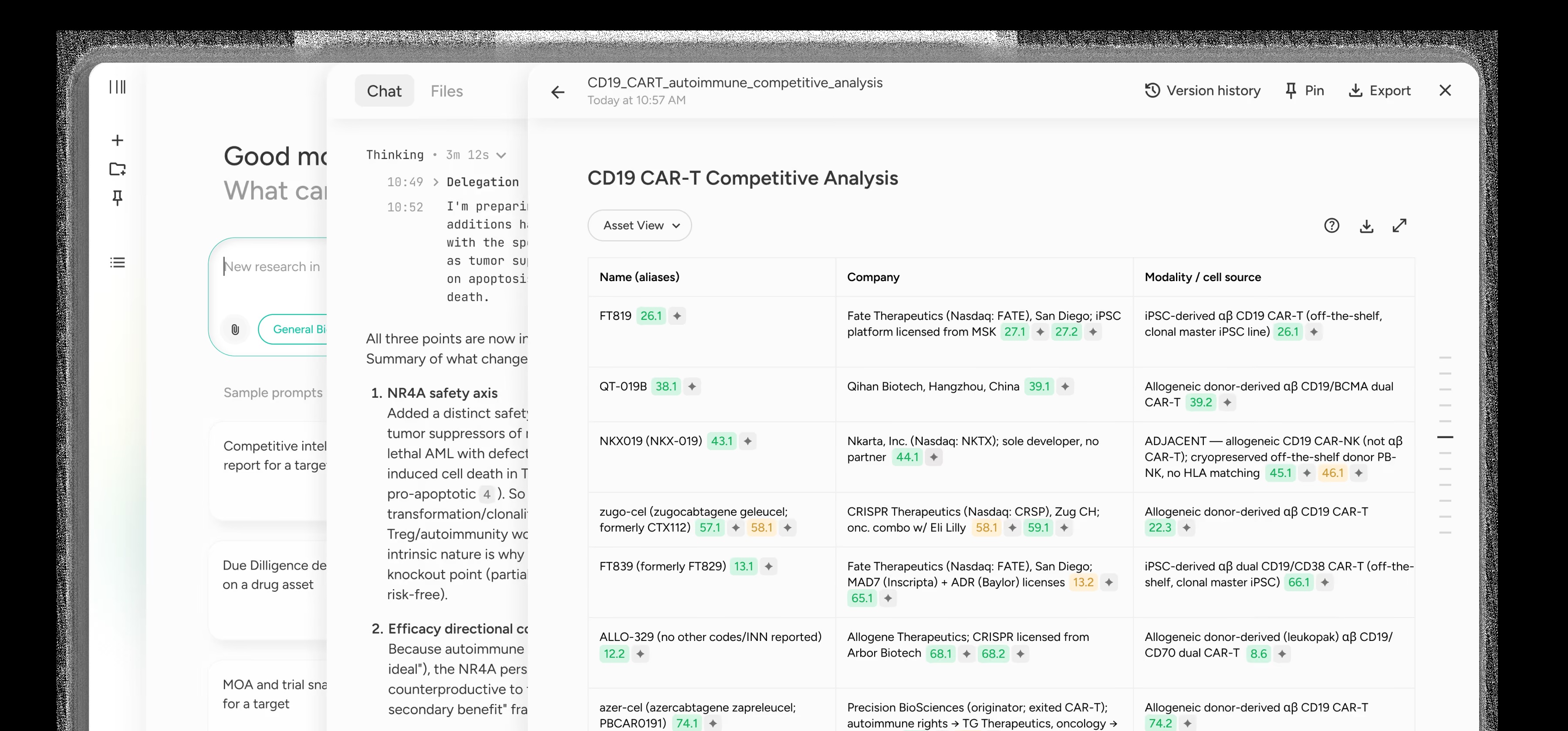 BIOPTIC workspace with a CD19 CAR-T competitive analysis table and research chat