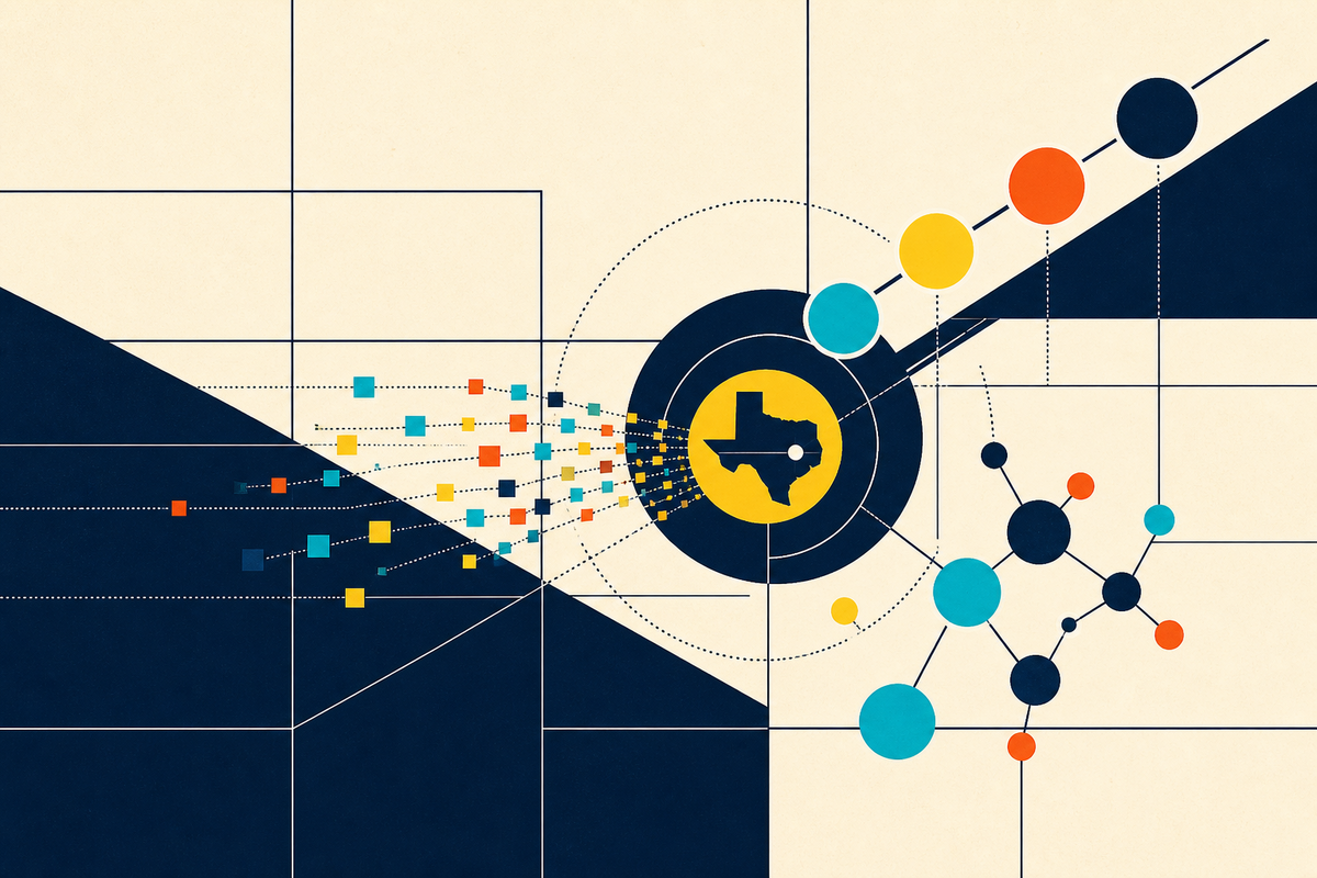 Abstract Swiss-style composition showing scientific forms and investment paths converging on Texas