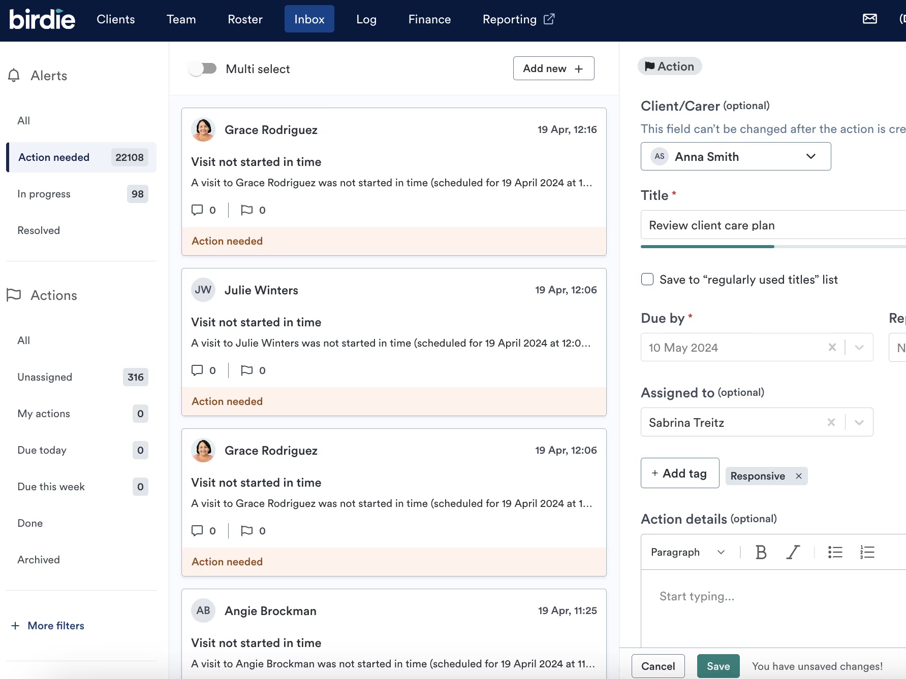 Birdie promotional dashboard showing care alerts and an action-assignment panel
