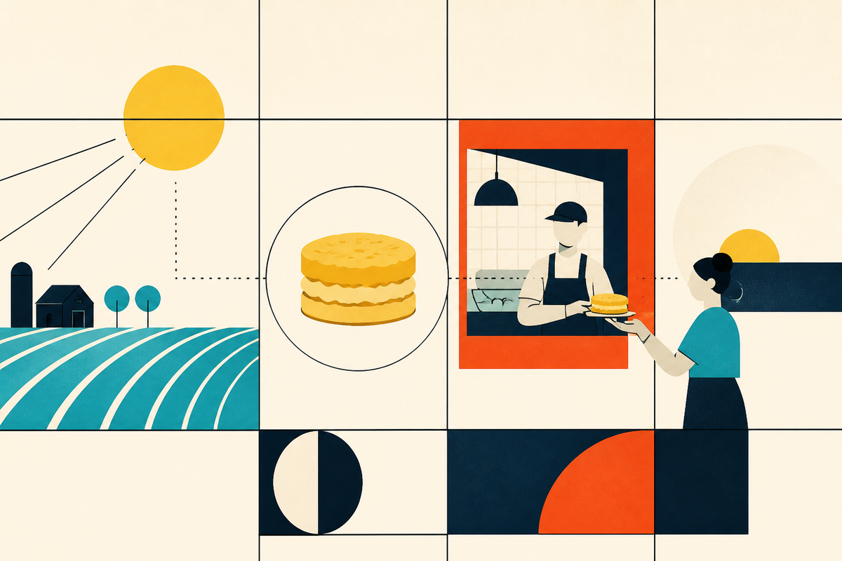 Abstract Swiss-style illustration of a farm, biscuit, kitchen window and morning customer