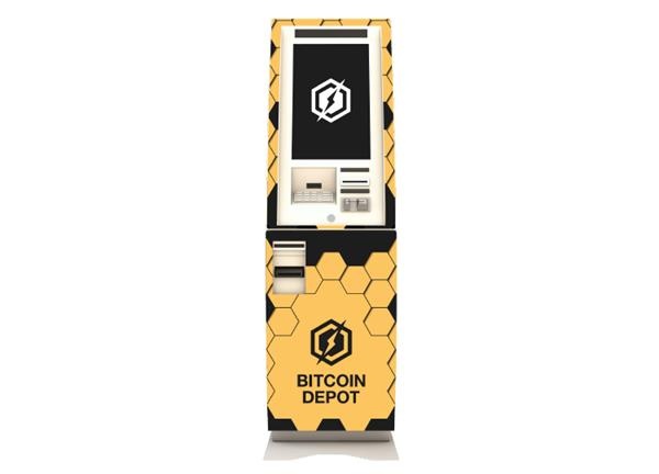 Archival product photograph of a yellow and black Bitcoin Depot kiosk