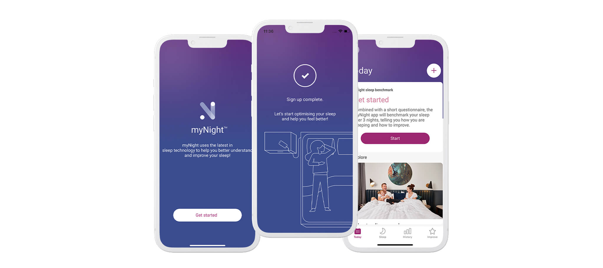 Three myNight app screens showing onboarding and sleep benchmarking