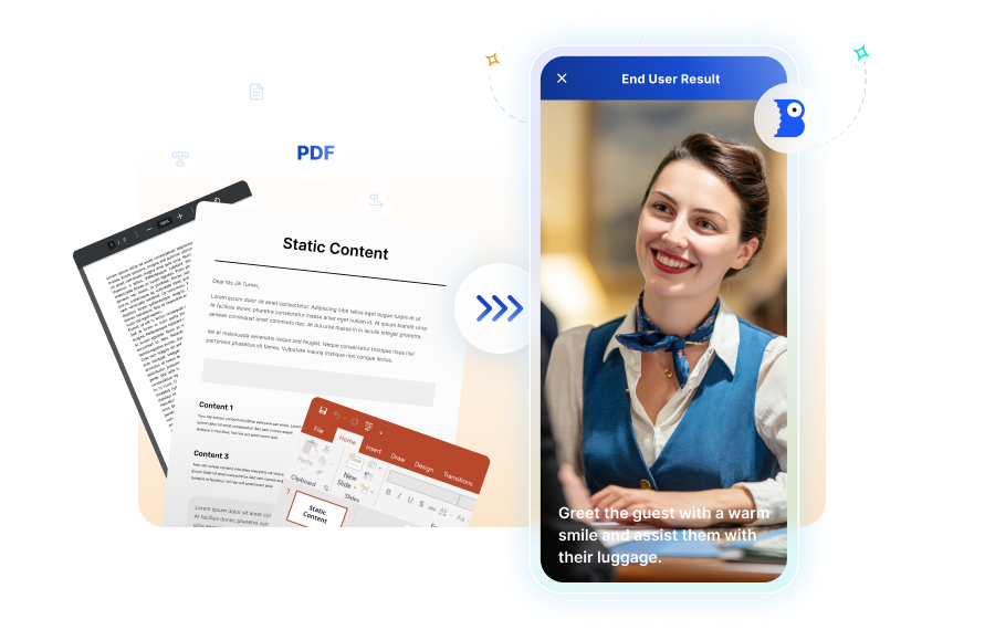 Bites product illustration showing documents and presentation slides becoming a mobile video lesson