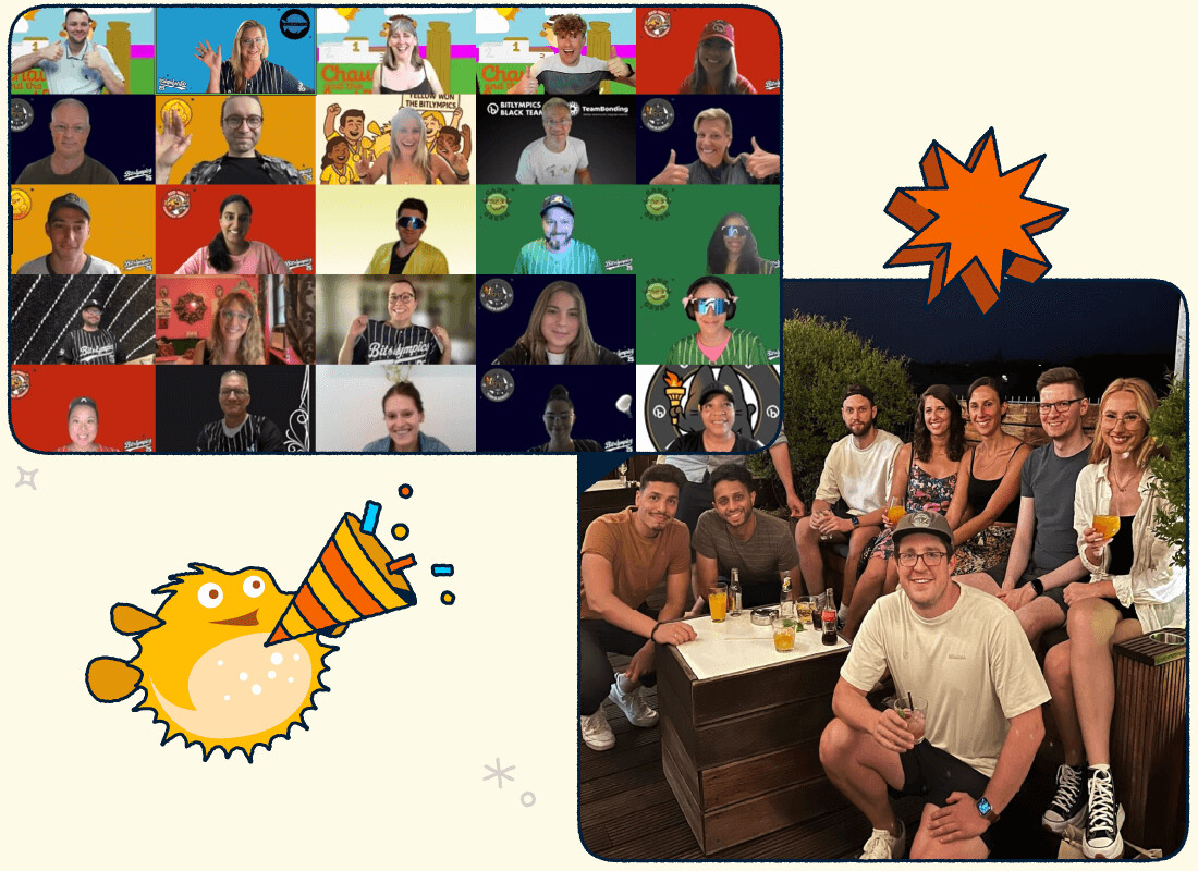 Illustrated collage of Bitly team members working and meeting in different settings