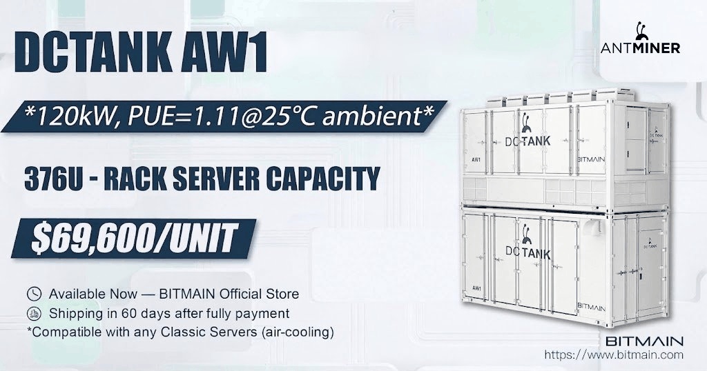 BITMAIN official product artwork of the DCTANK AW1 prefabricated server and cooling containers