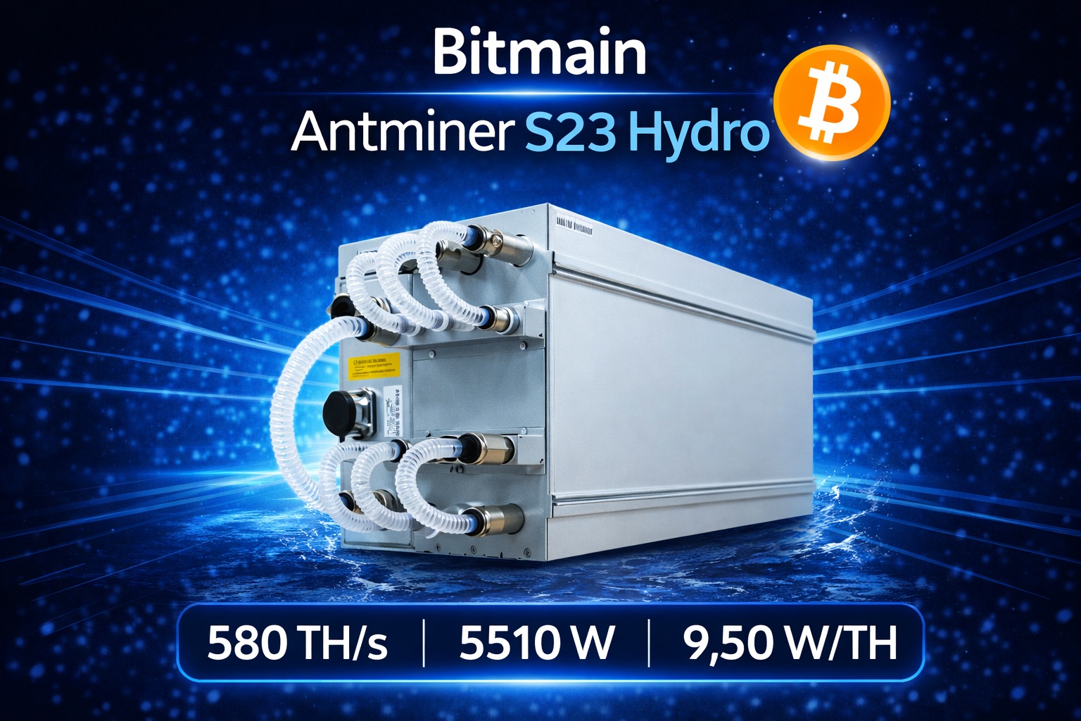 Retailer promotional image showing an ANTMINER S23 Hydro and its coolant connections