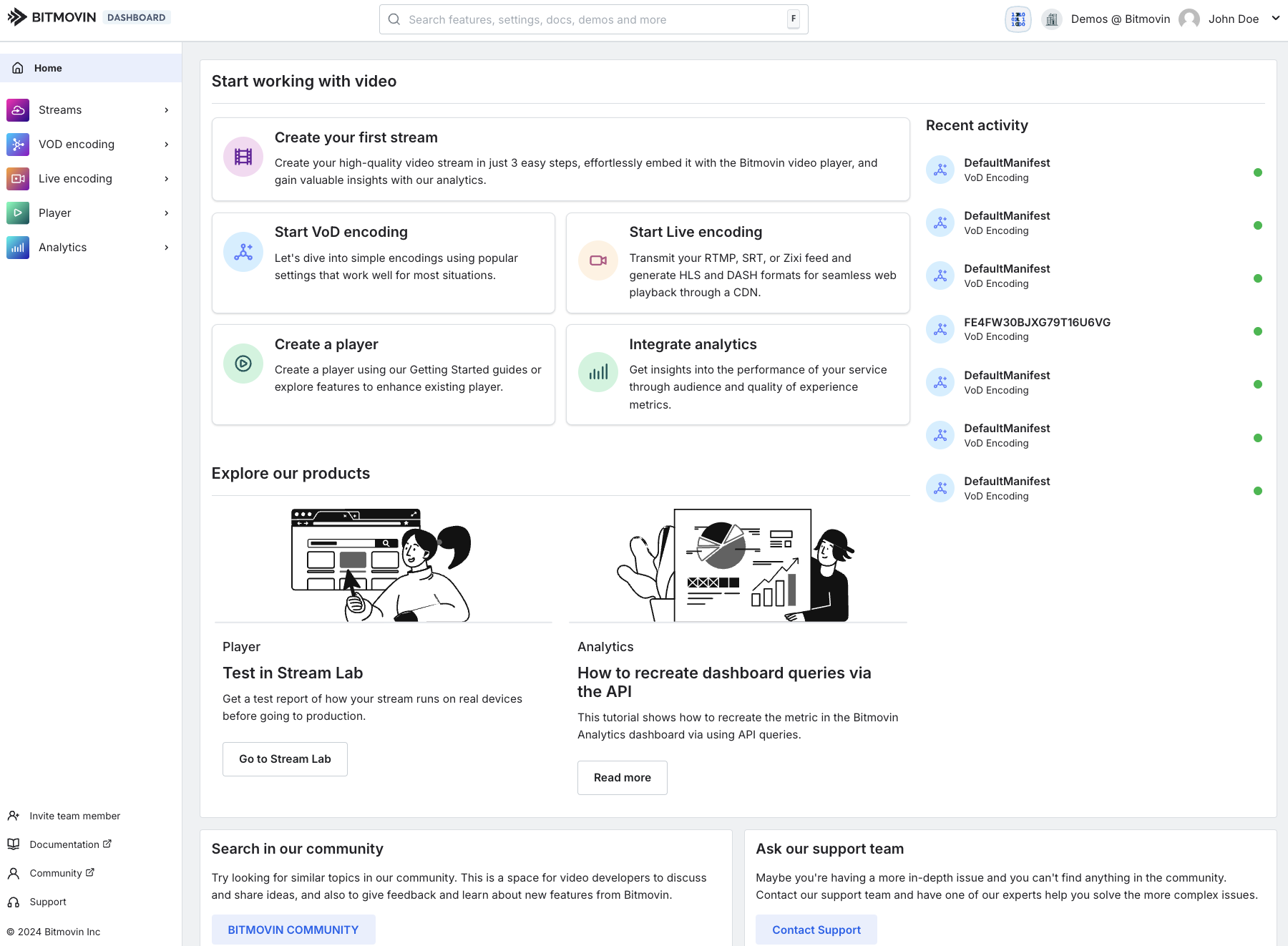 The Bitmovin encoding dashboard showing encoding jobs and configuration