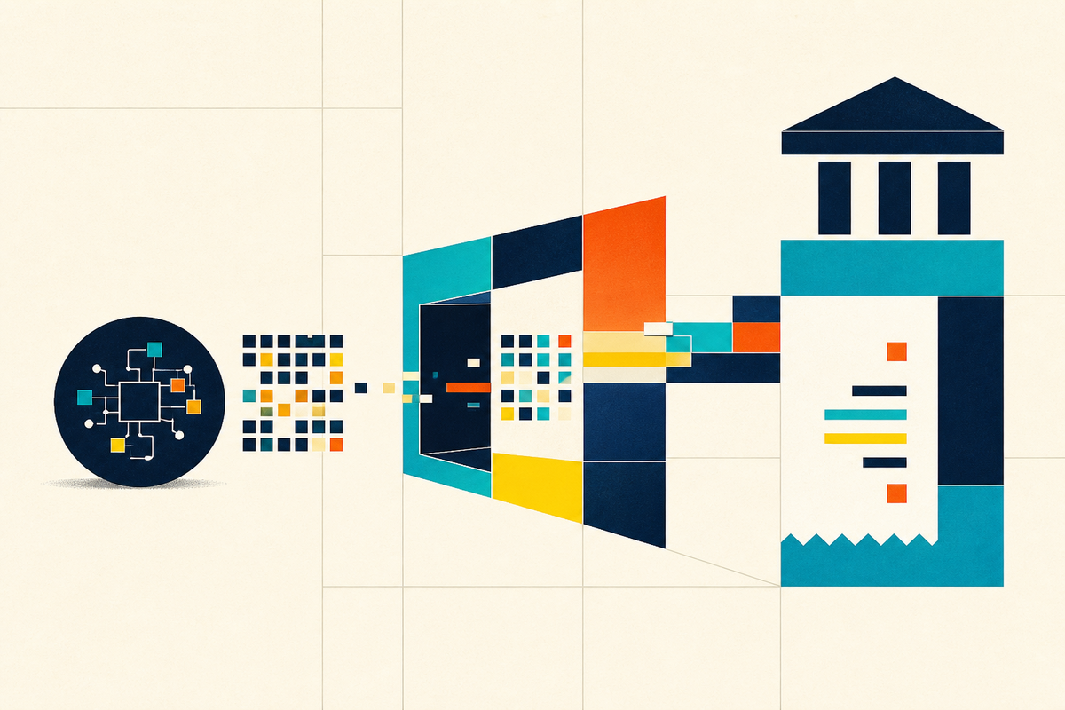 Abstract geometric illustration of a digital payment moving through a gateway into a bank and receipt