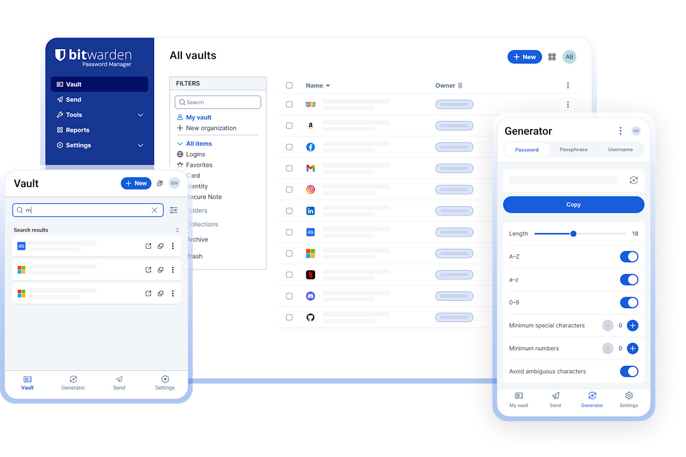 Bitwarden password vault interfaces across desktop, browser, and mobile devices